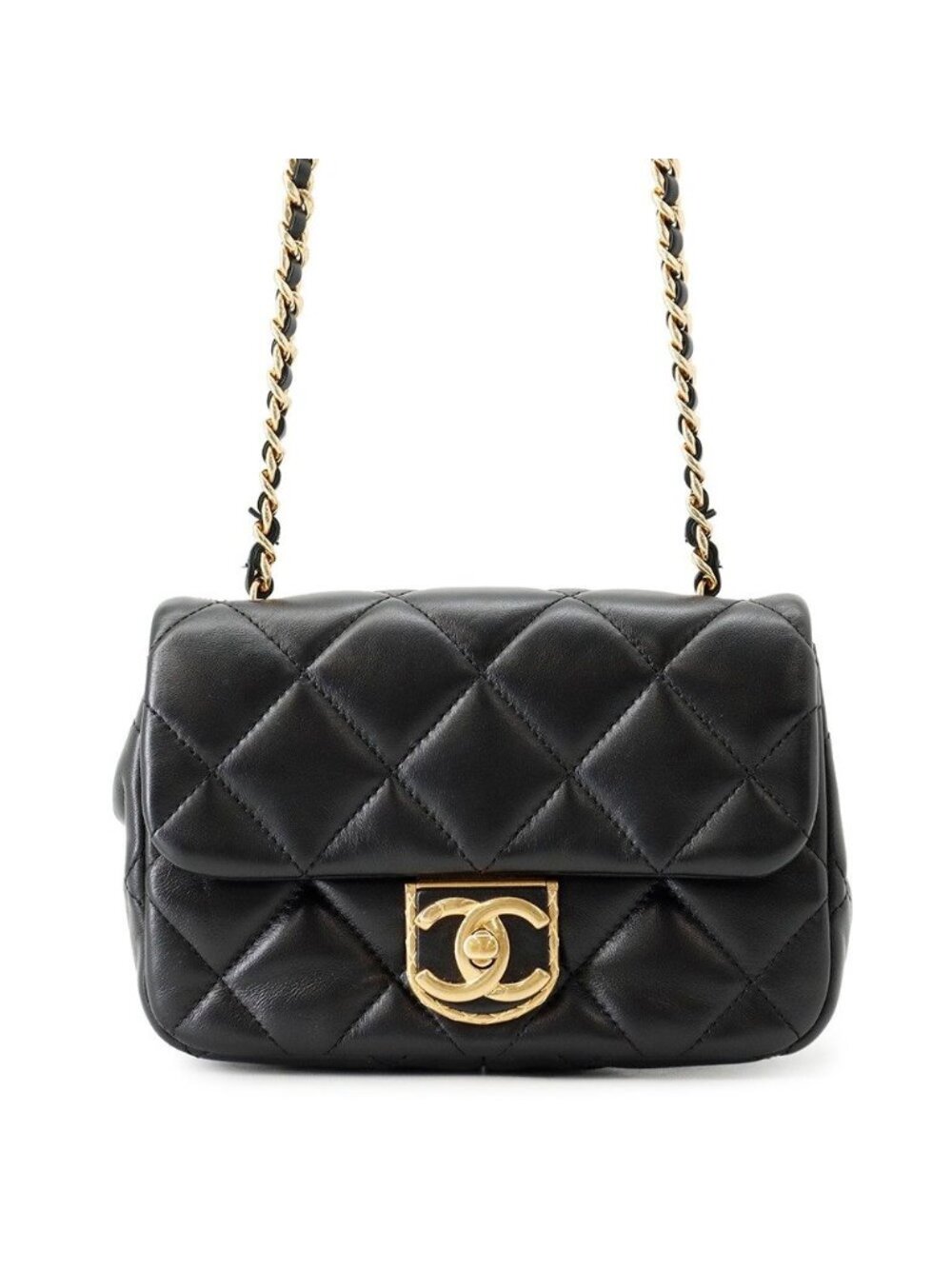Chanel Chain Shoulder Bag Quilted CC Logo Small Flap Lambskin Black